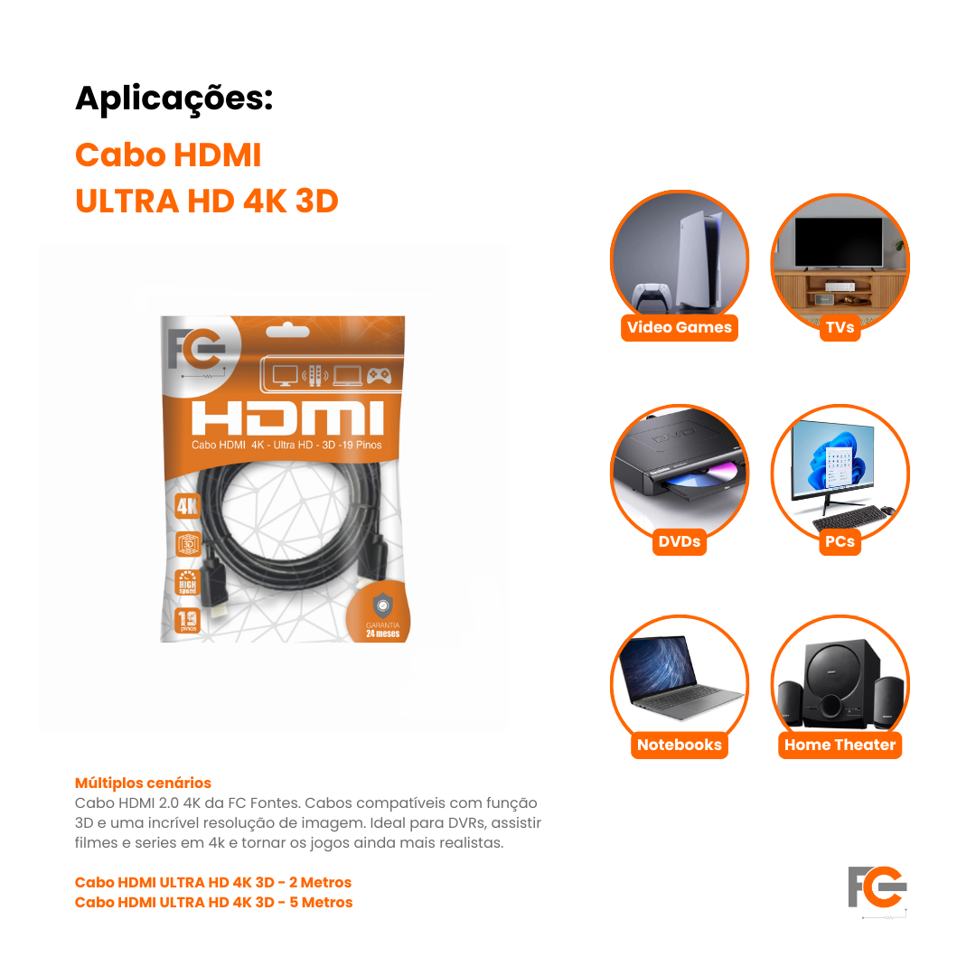 Cabo HDMI ULTRA HD 4K 3D FC Fontes